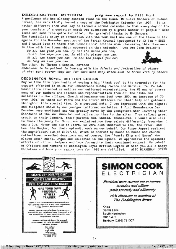 Deddington News December 1992, p.27