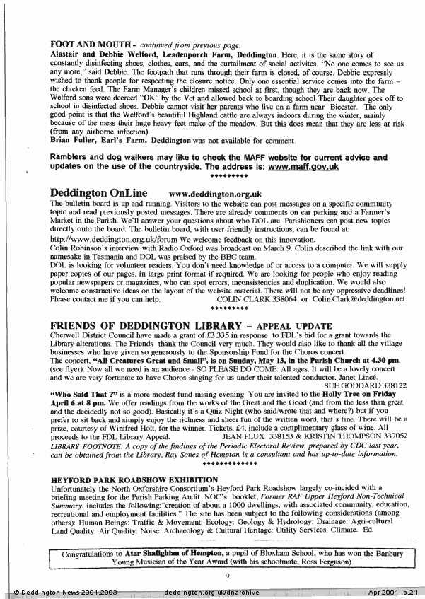 Deddington News April 2001, p.21