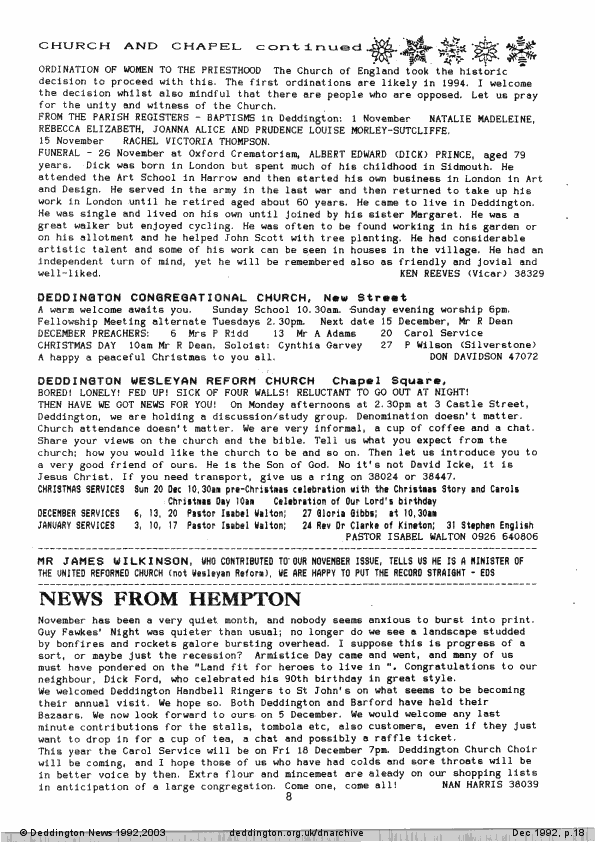 Deddington News December 1992, p.18